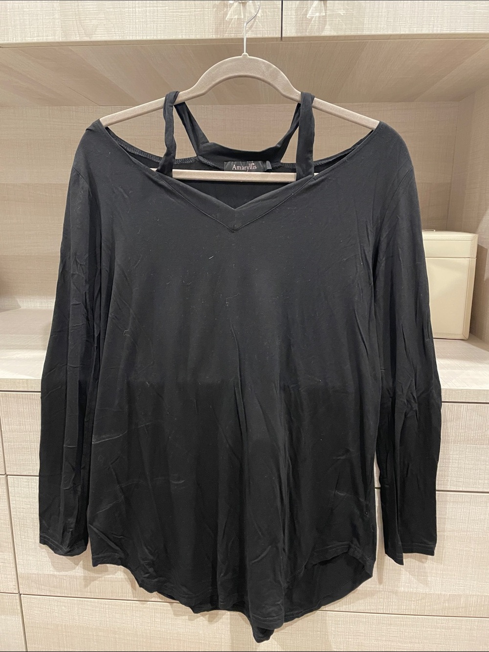 Amaryllis Black Long Sleeve V-Neck Top with Strap Detail